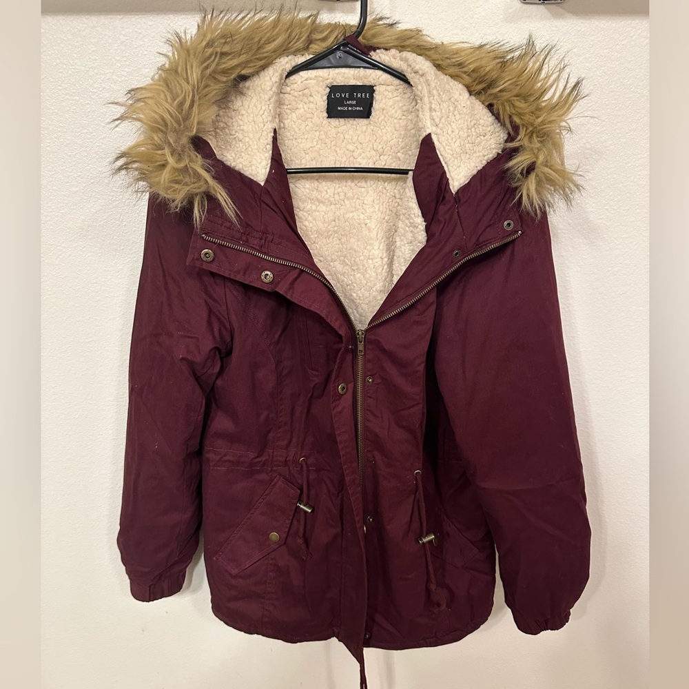 Love Tree Women's Maroon Utility Jacket with Faux Fur Hood